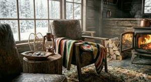 Topographic wilderness maps, a thermos, and winter gear laid out on a rustic table near a warm wood stove in an off-grid cabin.