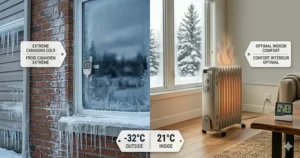 Safety diagram showing bilingual compliance features including a tilt switch and overheat protection on a Canadian-certified energy efficient oil heater.