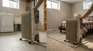 Photorealistic view from image 19 of a best tower heater, as seen in image 9, efficiently warming a cozy space next to a happy reader and sleeping golden retriever.