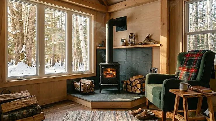 A high-efficiency small wood stove for a tiny house interior in Canada, burning warmly next to a winter forest window view.