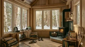 Space-saving firewood and log storage ideas next to a small wood stove for a tiny house layout.