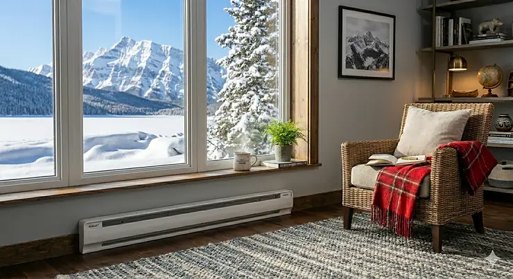 An energy-efficient electric baseboard heater paired with a smart programmable wall thermostat displaying temperature controls in Celsius for a Canadian home.