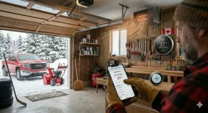 A 4K photorealistic illustration showing a man using a smartphone app with a bilingual 'GARAGE HEATER / CHAUFFAGE DE GARAGE' interface to control a wall-mounted smart thermostat and a running ceiling heater during a Canadian winter cold snap.