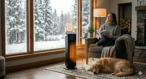 Close-up illustration of the best tower heater, matching the style and product features of image 9, with its safety base and precise control panel.