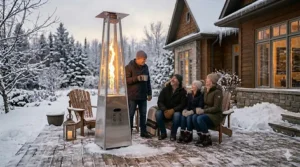 Stainless steel standing patio heater for Canadian winter decks and patios.