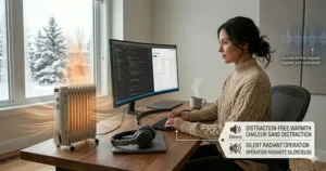 A complex, bilingual infographic summary framed in a Canadian home office, connecting the most energy efficient oil heater to renewable energy and sustainable low-carbon goals.