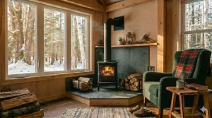 Technical illustration of a small wood stove for tiny house design featuring an outdoor fresh air intake kit for air-tight spaces.