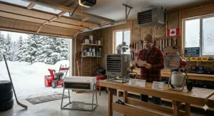 A 4K photorealistic diagram comparison illustration of three main types of garage heaters for Canadian winter, shown side-by-side: a ceiling-mounted electric unit, a vented natural gas heater, and a portable propane heater, all displayed on frames inside a realistic, snowy workshop.