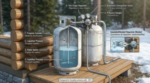 Detailed 4K photorealistic illustration comparison chart 4: Direct Vent vs. Vent-Free propane heaters for an off-grid cabin. Diagram shows direct-vent (left) with sealed intake and exhaust, and vent-free (right) consuming indoor oxygen, highlighting safety differences for airtight Canadian cabins.