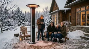 Illustration of tip-over protection and safety features for outdoor heaters in Canada.
