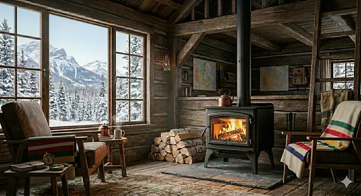 A high-efficiency wood stove heating a Canadian off-grid log cabin interior during winter with snow-covered mountains visible outside the window.