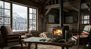 An off-grid cabin planning table with wilderness trail maps, a compass, and split wood logs for cold weather preparation.