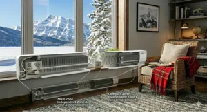 Home layout illustration showcasing independent multi-zone temperature controls across separate rooms using dedicated electric baseboard heaters.