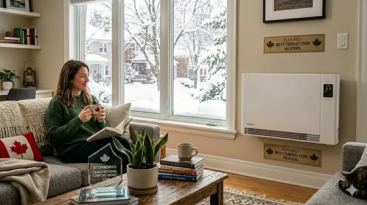 Sleek wall-mounted unit highlighting the best convection heaters for heating a modern Canadian living room during winter.
