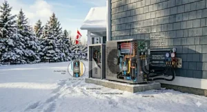 Alt text for image 7: Bilingual EN and FR labeled illustration of a high-efficiency Zuba console unit and wall-mounted heat pump system configuration for year-round Canadian home comfort.