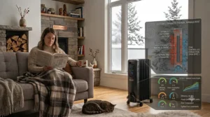 Illustration highlighting safety shutoff features that regulate oil filled heater energy consumption and ensure home safety.
