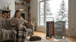 Illustration of an electric radiator with a timer setup to limit oil filled heater energy consumption during peak hydro hours.