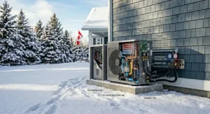 Bilingual Canadian EnerGuide logo and Energy Star certification displayed on a high efficiency cold climate heat pump operating at -25C.