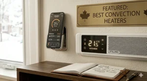 Digital programmable thermostat on an energy-efficient convector, demonstrating how the best convection heaters help lower Canadian utility bills.
