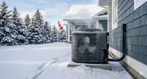 Technical engineering diagram of an EVI variable speed compressor explaining how a cold climate heat pump maintains efficiency at -25C.