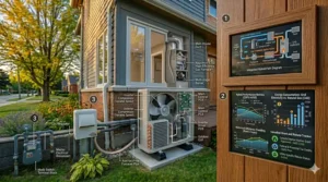 A multi-panel graphic displaying a hybrid heat pump systemhybrid heat pump system providing energy-efficient central cooling in Canadian summers and reliable heat in winter.