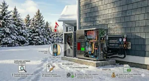 Alt text for image 9: Infographic comparing the energy efficiency and lower running costs of a ductless heat pump installation against traditional electric baseboard heaters in Canada.