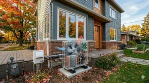 A conceptual illustration of a smart thermostat optimizing a hybrid heat pump systemhybrid heat pump system based on fluctuating Canadian electricity and gas rates.