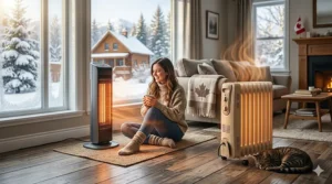 A photorealistic 4K infographic in English and French comparing an infrared and an oil-filled heater. The split-screen comparison highlights distinct features for Canadian consumers, from instant warmth to whole room heat, against a detailed, snowy living room background with a Canadian Hydro logo.