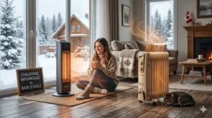 A detailed photorealistic infographic comparing infrared vs oil filled heater energy consumption and estimated Canadian hydro costs, using currency and bilingual data.