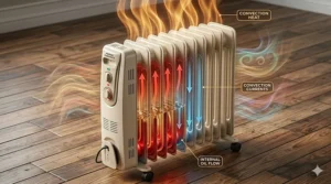 A photorealistic 4K infographic comparison of heater placement in a Canadian home. It features a bilingual floor plan with callouts in English and French, guiding users to place the infrared heater in drafty zones near windows and the oil-filled radiator in quiet study nooks, against a highly detailed, snowy forest backdrop with the Canadian Hydro logo.
