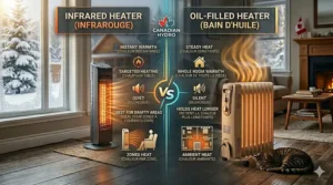 A detailed photorealistic infographic comparing infrared versus oil-filled heater heat retention and lifespan. Set in a cozy Canadian living room with a Japanese family, the image features graphs, text in English, Japanese, and French, and details showing a quick cooldown versus a longer heat profile.