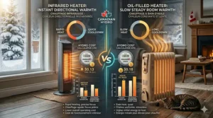 A photorealistic 4K infographic comparing the safety features of an infrared heater versus an oil-filled radiator. The split-panel view, set within a cozy Canadian home, details bilingual (English and French) call-outs for tip-over protection, cool-touch surfaces, and overheat prevention.
