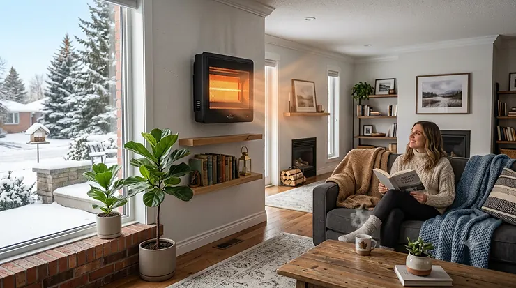 Sleek black wall mounted infrared heater installed above a baseboard area in a modern Canadian living room, providing energy-efficient zone heating as snow falls outside.