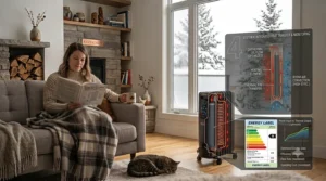 Size guide illustration showing how choosing the right room dimensions optimizes oil filled heater energy consumption.