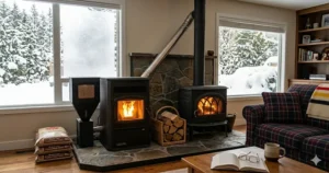 A technical drawing demonstrating how a pellet stove relies on an electric motor and auger, contrasted with a wood stove providing off-grid radiant heat during a power outage.