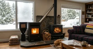 A structural home diagram showing direct-vent wall installation for a pellet stove compared to a traditional vertical chimney setup for a wood burning stove.