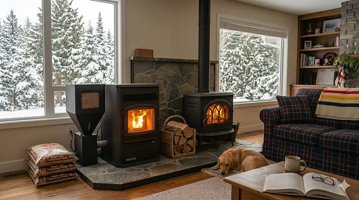 A high-detail comparison of a modern pellet stove with a fuel hopper next to a traditional cast-iron wood stove burning brightly inside a cozy Canadian living room with a snowy winter backdrop. pellet stove vs wood stove
