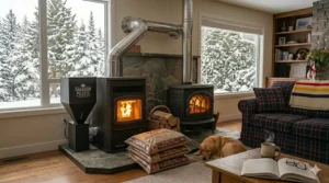 A daily operation comparison checklist detailing the maintenance steps for automated pellet stove hoppers versus manual firewood loading and ash cleaning.