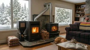 An environmental impact graphic illustrating the low particulate emissions of modern biomass heating, comparing a poΓͺle Γ granulΓ©s (pellet stove) to a poΓͺle Γ bois (wood stove).