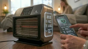 A mobile app interface monitoring a smart propane heater for a remote cottage before arriving.