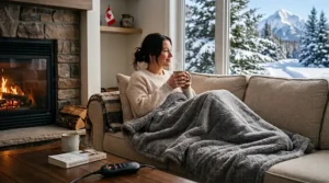 Infographic demonstrating how using an energy-efficient electric heated blanket allows you to turn down the central thermostat and save money on winter heating bills.