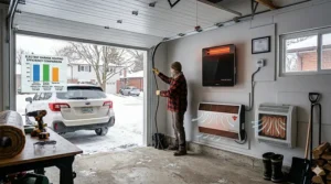 A smart thermostat app interface in English and French showing energy-saving schedules to lower the cost of heating a Canadian garage.