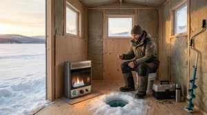 Illustration of an off-grid Ontario rustic wood cabin interior featuring a compact ventless propane heater indoor approved for secondary heating during autumn.