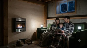 Graphic of a two-car detached Canadian garage and workshop with a blue flame ventless propane heater indoor approved, warming the space for winter DIY projects.