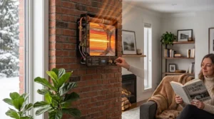 Illustration highlighting how a wall mounted infrared heater maintains clean indoor air quality by preventing dust and allergen circulation common with forced-air furnaces.