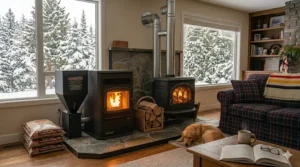 A visual size comparison showing a compact winter supply of palletized wood pellets stored in a garage versus a full cord of firewood stacked outdoors in the snow.