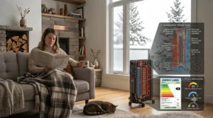 Floor plan illustration demonstrating how zone heating lowers overall oil filled heater energy consumption compared to central heating.