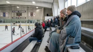 Hockey parent sitting on metal arena bleachers staying warm using a portable heated blanket for hockey practice.