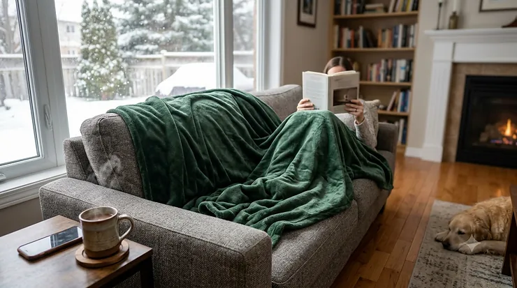 A cozy grey heated throw blanket draped over a living room sofa in Canada, with winter snow visible through the window.