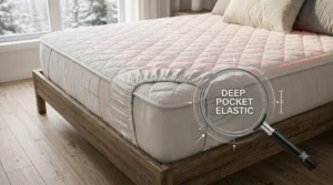 A clean visual guide with bilingual (English and French) instructions for machine washing and caring for a king heated mattress pad.